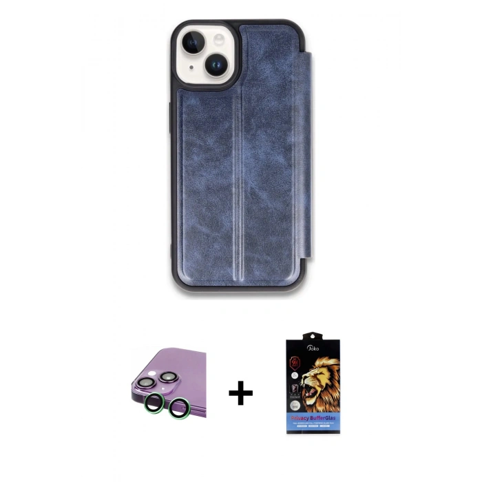 MARSİLYAN™- iPhone 15 Kılıf Zirve Yansıma Serisi - Siyah Buffer Hayalet Cam Ekran Koruyucu + Raze Metal Kamera Lens - YL