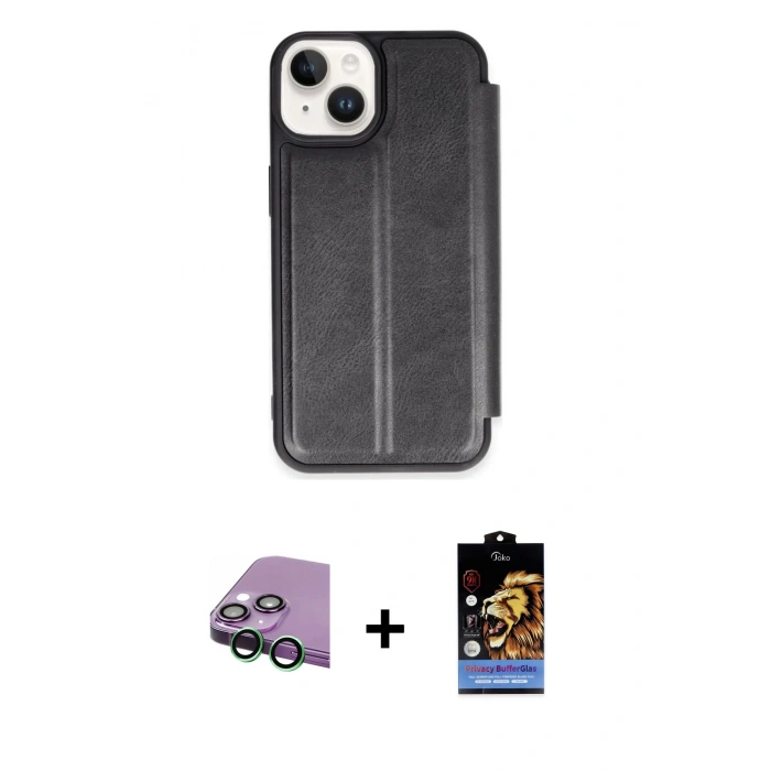 MARSİLYAN™- iPhone 15 Kılıf Zirve Yansıma Serisi - Siyah Buffer Hayalet Cam Ekran Koruyucu + Raze Metal Kamera Lens - YL