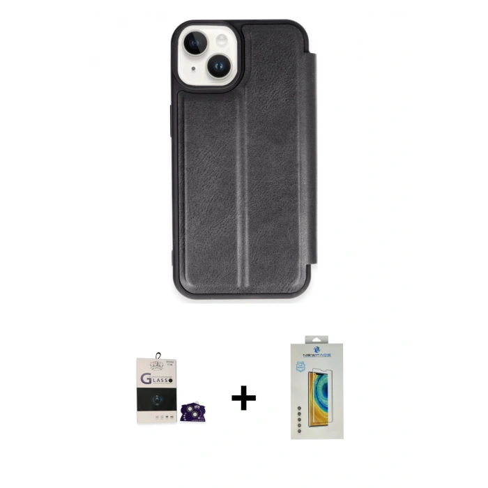 MARSİLYAN™- iPhone 15 Kılıf Zirve Yansıma Serisi - Siyah Polymer Nano Ekran Koruyucu + Bilvis Titan Kamera Lens - PE