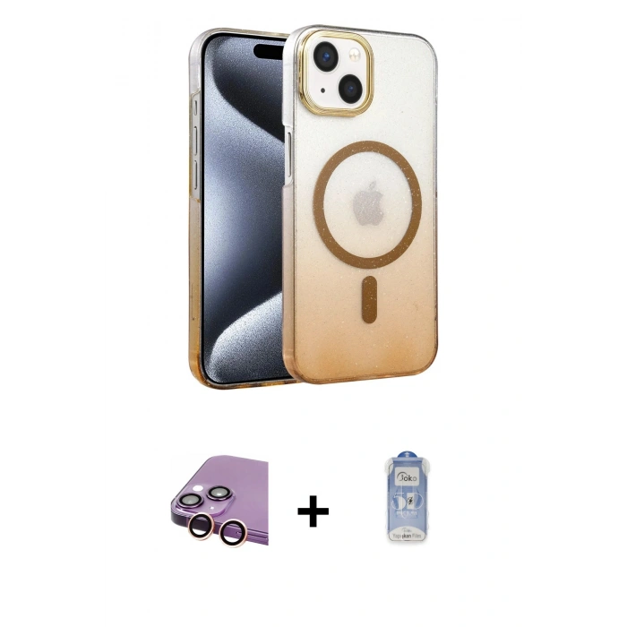 MARSİLYAN™- iPhone 15 Plus Kılıf Ahenk Doku Özel Seri - Siyah Joko Magic 5D Cam + Raze Metal Kamera Lens - PE