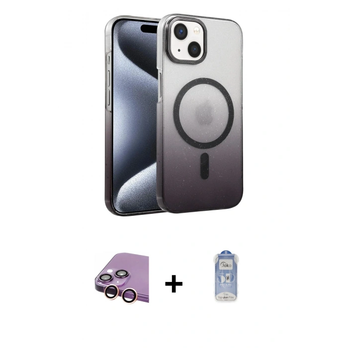 MARSİLYAN™- iPhone 15 Plus Kılıf Ahenk Doku Özel Seri - Siyah Joko Magic 5D Cam + Raze Metal Kamera Lens - PE
