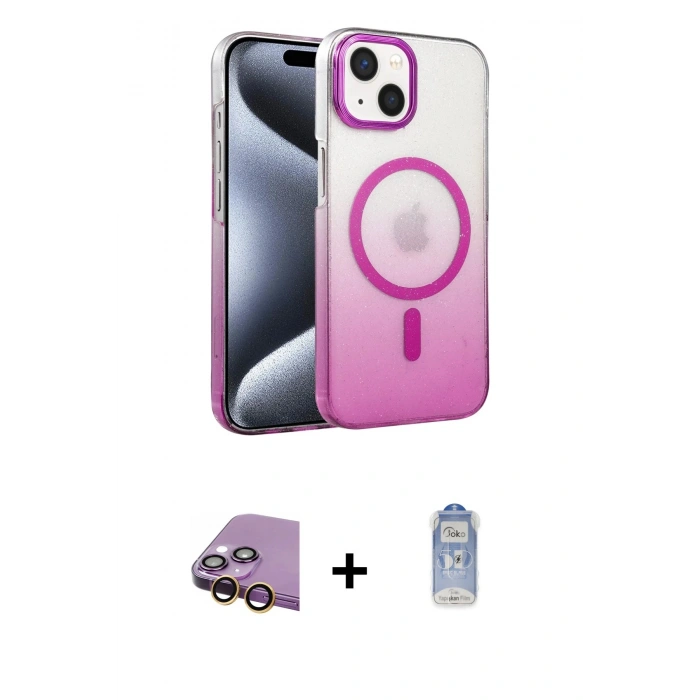 MARSİLYAN™- iPhone 15 Plus Kılıf Ahenk Doku Özel Seri - Siyah Joko Magic 5D Cam + Raze Metal Kamera Lens - SI