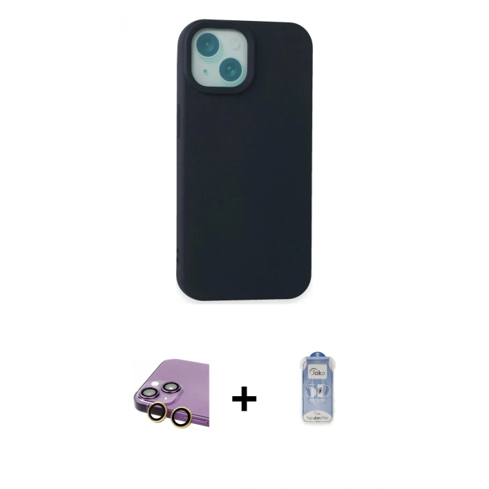 MARSİLYAN™- iPhone 15 Plus Kılıf Ahenk Serisi - Siyah Joko Magic 5D Cam + Raze Metal Kamera Lens - SI
