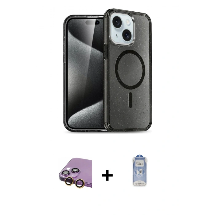 MARSİLYAN™- iPhone 15 Plus Kılıf Eksen Doku Koleksiyonu - Siyah Joko Magic 5D Cam + Raze Metal Kamera Lens - SI