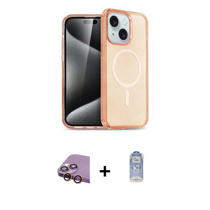 MARSİLYAN™- iPhone 15 Plus Kılıf Eksen Doku Koleksiyonu - Siyah Joko Magic 5D Cam + Raze Metal Kamera Lens - SI