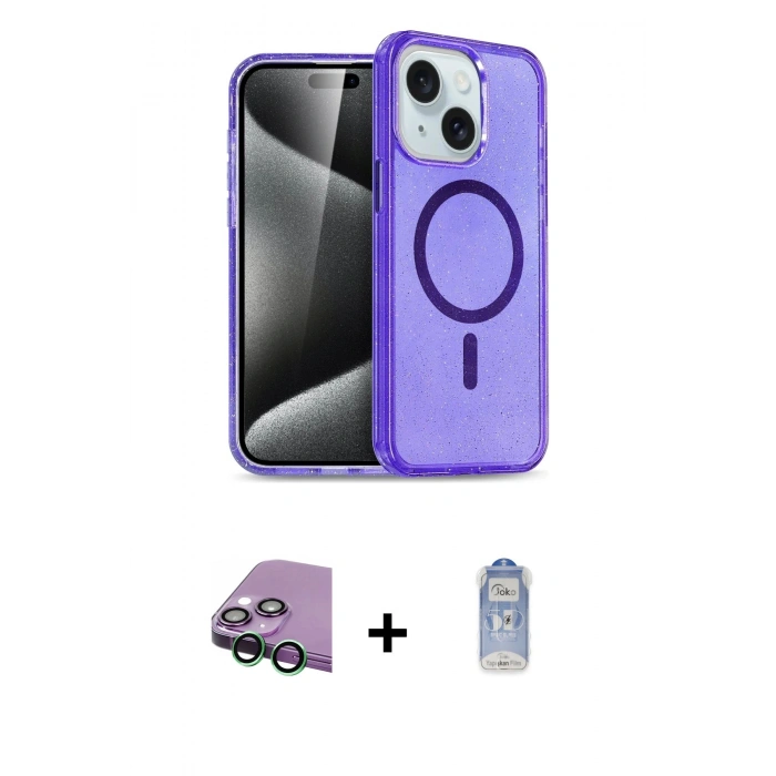 MARSİLYAN™- iPhone 15 Plus Kılıf Eksen Doku Koleksiyonu - Siyah Joko Magic 5D Cam + Raze Metal Kamera Lens - YL