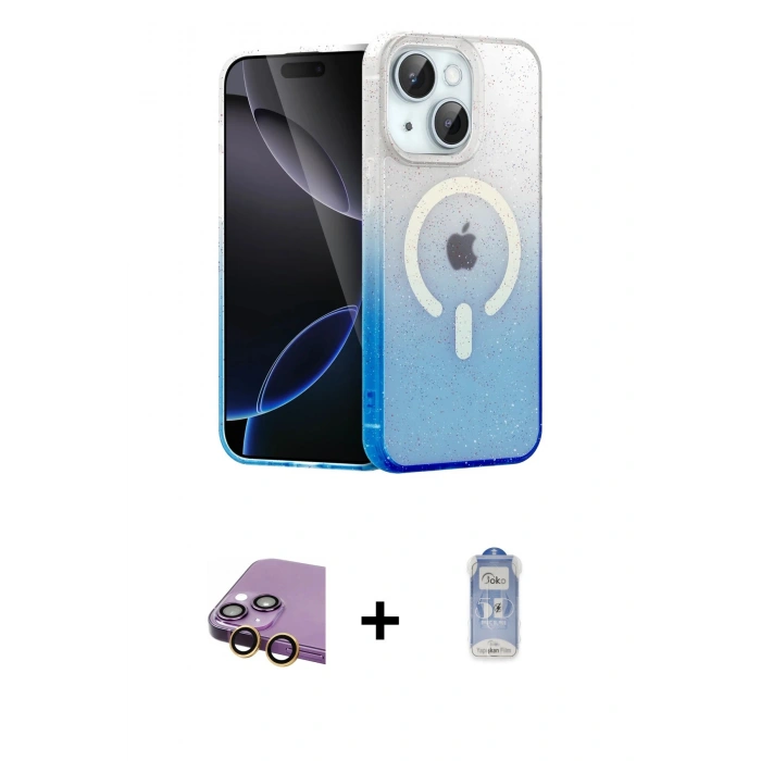 MARSİLYAN™- iPhone 15 Plus Kılıf Eksen Minimal Özel Seri - Siyah Joko Magic 5D Cam + Raze Metal Kamera Lens - SI