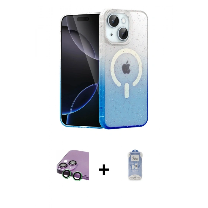 MARSİLYAN™- iPhone 15 Plus Kılıf Eksen Minimal Özel Seri - Siyah Joko Magic 5D Cam + Raze Metal Kamera Lens - YL