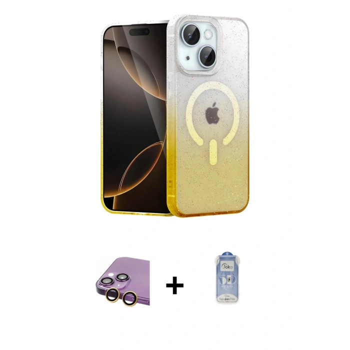 MARSİLYAN™- iPhone 15 Plus Kılıf Eksen Minimal Özel Seri - Siyah Joko Magic 5D Cam + Raze Metal Kamera Lens - SI