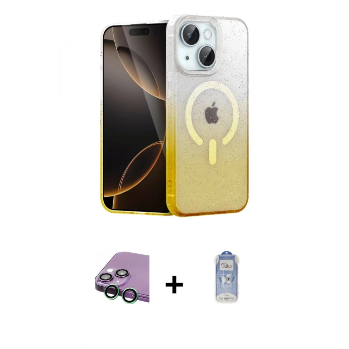 MARSİLYAN™- iPhone 15 Plus Kılıf Eksen Minimal Özel Seri - Siyah Joko Magic 5D Cam + Raze Metal Kamera Lens - YL