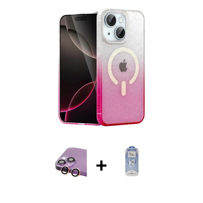MARSİLYAN™- iPhone 15 Plus Kılıf Eksen Minimal Özel Seri - Siyah Joko Magic 5D Cam + Raze Metal Kamera Lens - PE