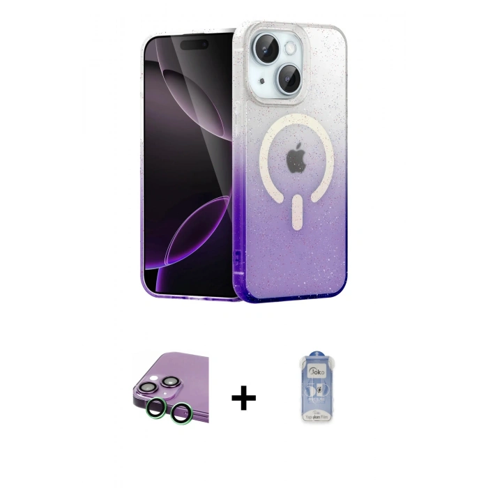MARSİLYAN™- iPhone 15 Plus Kılıf Eksen Minimal Özel Seri - Siyah Joko Magic 5D Cam + Raze Metal Kamera Lens - YL
