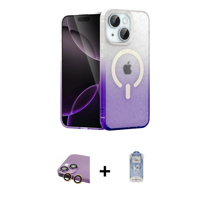 MARSİLYAN™- iPhone 15 Plus Kılıf Eksen Minimal Özel Seri - Siyah Joko Magic 5D Cam + Raze Metal Kamera Lens - SI