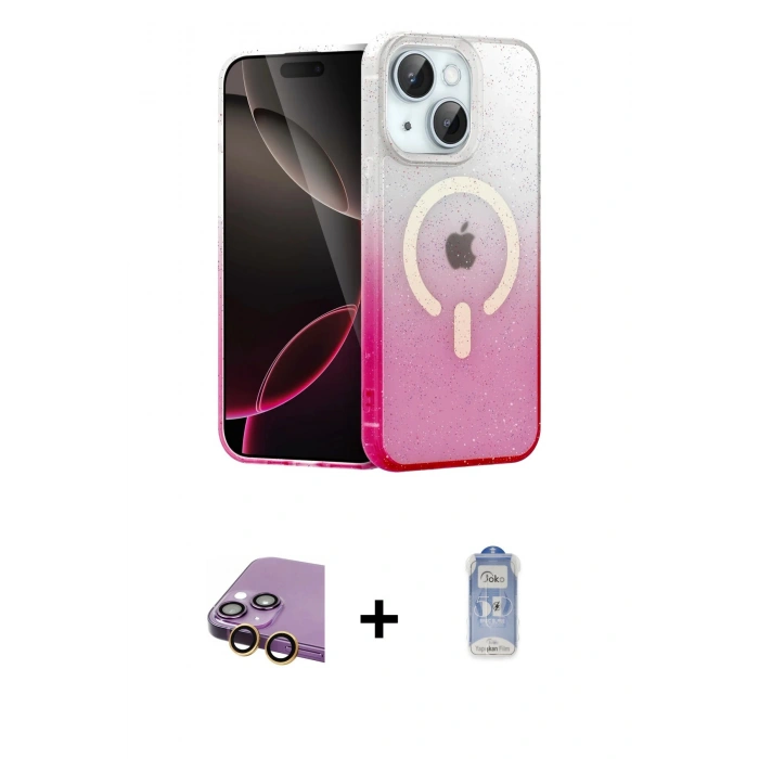 MARSİLYAN™- iPhone 15 Plus Kılıf Eksen Minimal Özel Seri - Siyah Joko Magic 5D Cam + Raze Metal Kamera Lens - SI