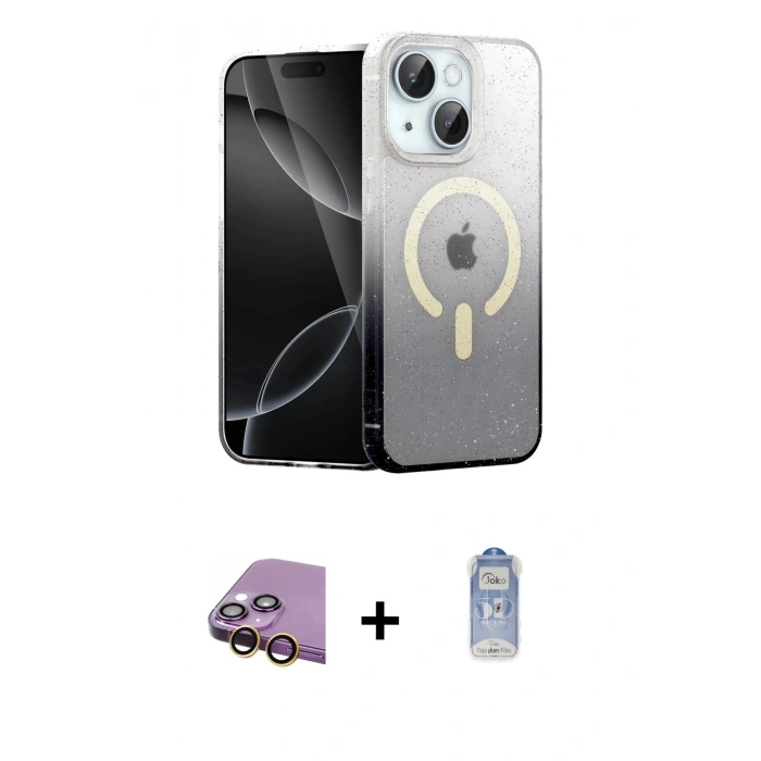 MARSİLYAN™- iPhone 15 Plus Kılıf Eksen Minimal Özel Seri - Siyah Joko Magic 5D Cam + Raze Metal Kamera Lens - SI
