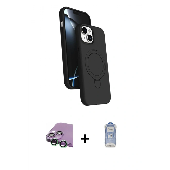 MARSİLYAN™- iPhone 15 Plus Kılıf İz Işık Koleksiyonu - Siyah Joko Magic 5D Cam + Raze Metal Kamera Lens - YL