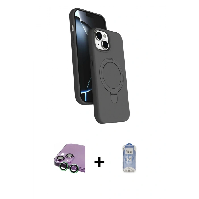 MARSİLYAN™- iPhone 15 Plus Kılıf İz Işık Koleksiyonu - Siyah Joko Magic 5D Cam + Raze Metal Kamera Lens - YL