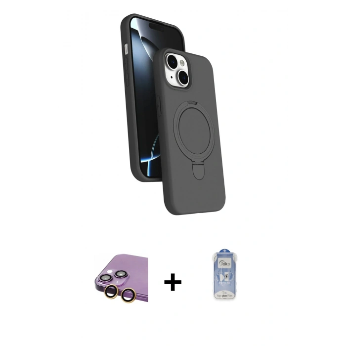 MARSİLYAN™- iPhone 15 Plus Kılıf İz Işık Koleksiyonu - Siyah Joko Magic 5D Cam + Raze Metal Kamera Lens - SI