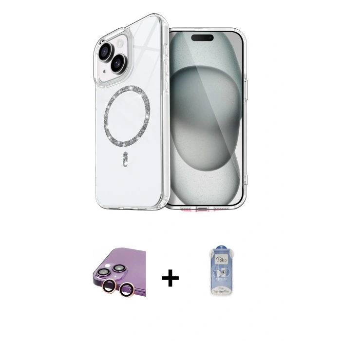 MARSİLYAN™- iPhone 15 Plus Kılıf Kıvılcım Form Prime - Siyah Joko Magic 5D Cam + Raze Metal Kamera Lens - PE