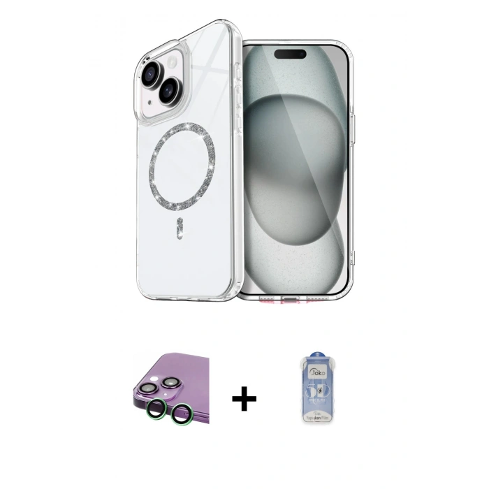 MARSİLYAN™- iPhone 15 Plus Kılıf Kıvılcım Form Prime - Siyah Joko Magic 5D Cam + Raze Metal Kamera Lens - YL