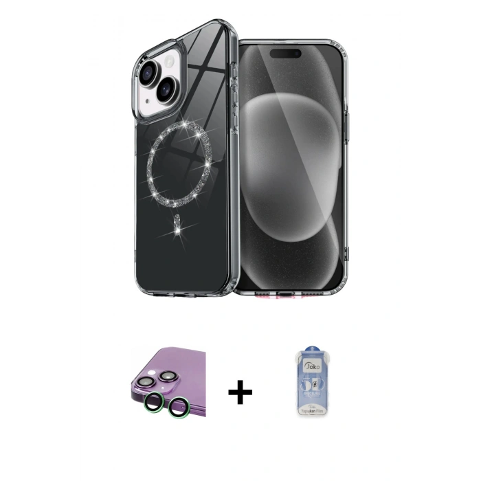 MARSİLYAN™- iPhone 15 Plus Kılıf Kıvılcım Form Prime - Siyah Joko Magic 5D Cam + Raze Metal Kamera Lens - YL