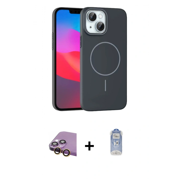 MARSİLYAN™- iPhone 15 Plus Kılıf Siluet Doku Özel Seri - Siyah Joko Magic 5D Cam + Raze Metal Kamera Lens - SI