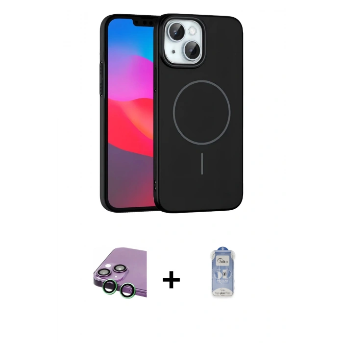 MARSİLYAN™- iPhone 15 Plus Kılıf Siluet Doku Özel Seri - Siyah Joko Magic 5D Cam + Raze Metal Kamera Lens - YL