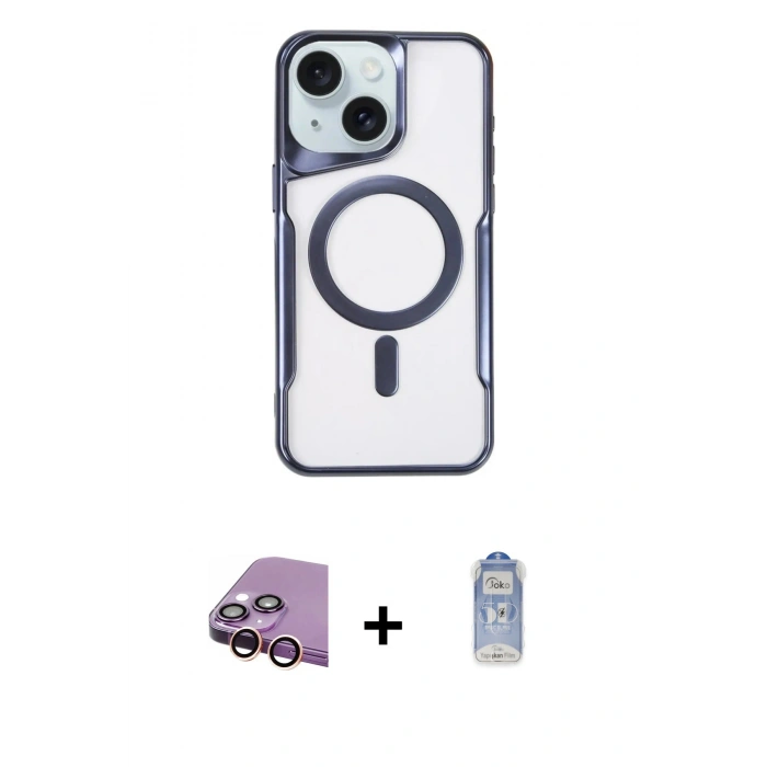 MARSİLYAN™- iPhone 15 Plus Kılıf Yadigar Klasik Özel Seri - Siyah Joko Magic 5D Cam + Pembe Raze Metal Kamera Lens