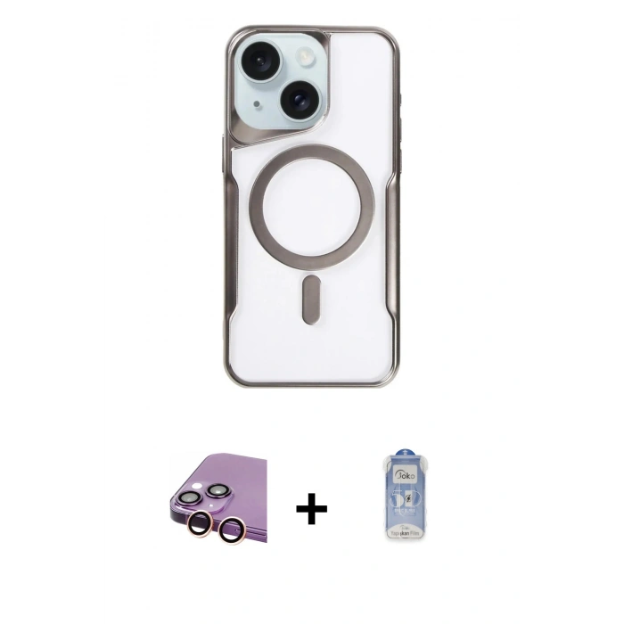 MARSİLYAN™- iPhone 15 Plus Kılıf Yadigar Klasik Özel Seri - Siyah Joko Magic 5D Cam + Pembe Raze Metal Kamera Lens