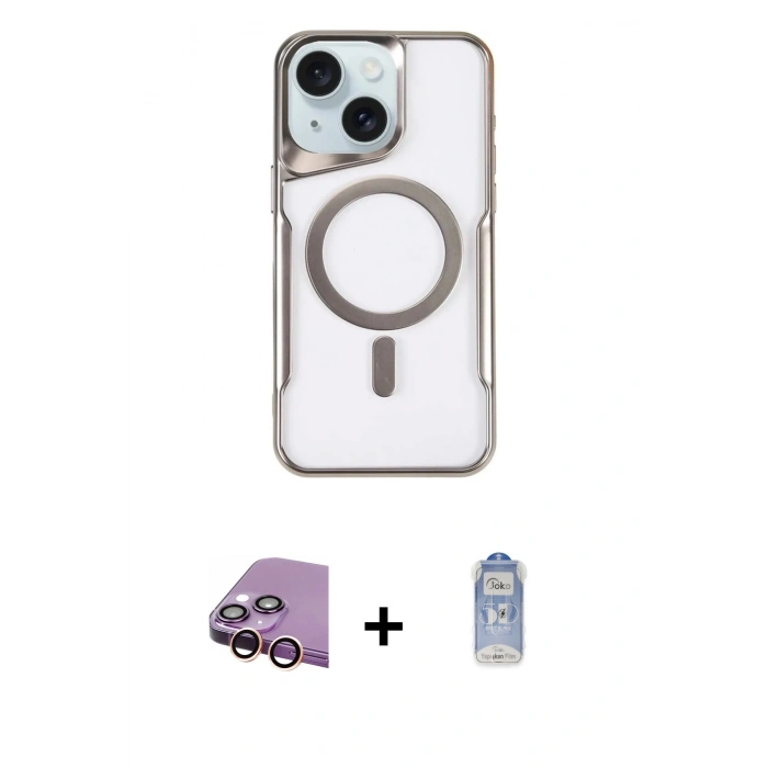 MARSİLYAN™- iPhone 15 Plus Kılıf Yadigar Klasik Özel Seri - Siyah Joko Magic 5D Cam + Pembe Raze Metal Kamera Lens