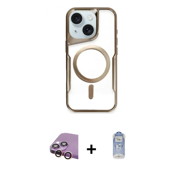 MARSİLYAN™- iPhone 15 Plus Kılıf Yadigar Klasik Özel Seri - Siyah Joko Magic 5D Cam + Pembe Raze Metal Kamera Lens
