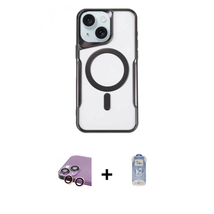MARSİLYAN™- iPhone 15 Plus Kılıf Yadigar Klasik Özel Seri - Siyah Joko Magic 5D Cam + Pembe Raze Metal Kamera Lens