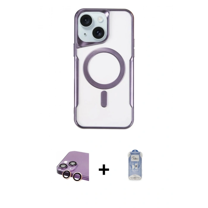 MARSİLYAN™- iPhone 15 Plus Kılıf Yadigar Klasik Özel Seri - Siyah Joko Magic 5D Cam + Pembe Raze Metal Kamera Lens