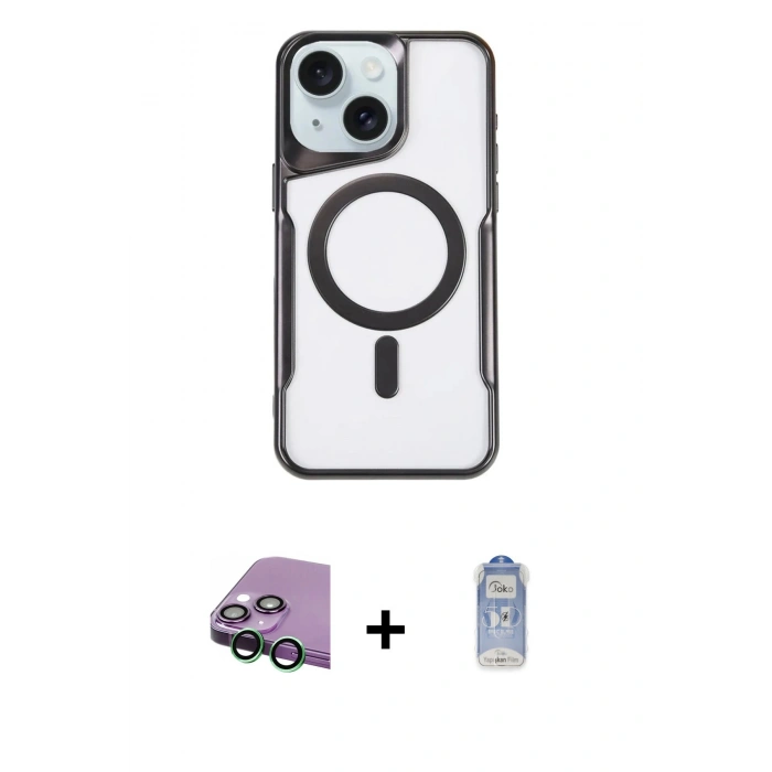 MARSİLYAN™- iPhone 15 Plus Kılıf Yadigar Klasik Özel Seri - Siyah Joko Magic 5D Cam + Raze Metal Kamera Lens - YL