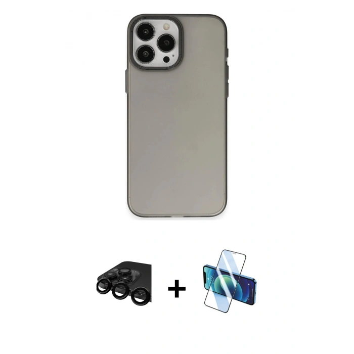 MARSİLYAN™- iPhone 15 Pro Kılıf Ahenk Çizgi Prime - Siyah 3D Antistatik Cam Ekran Koruyucu + Raze Metal Kamera Lens - SH