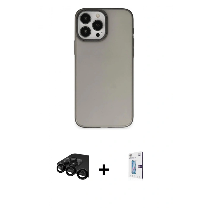 MARSİLYAN™- iPhone 15 Pro Kılıf Ahenk Çizgi Prime - Siyah Bilvis 0.18mm Plus Cam Ekran Koruyucu + Raze Metal Kamera Lens - SH