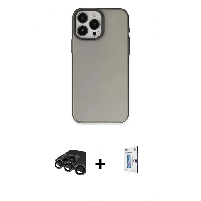 MARSİLYAN™- iPhone 15 Pro Kılıf Ahenk Çizgi Prime - Siyah Bilvis 0.18mm Plus Cam Ekran Koruyucu + Titanyum Gri Raze Metal Kamera Lens