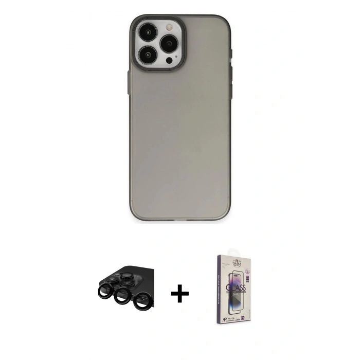 MARSİLYAN™- iPhone 15 Pro Kılıf Ahenk Çizgi Prime - Siyah Bilvis 3D Cam Ekran Koruyucu + Raze Metal Kamera Lens - SH