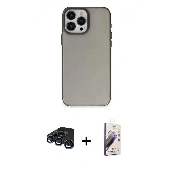 MARSİLYAN™- iPhone 15 Pro Kılıf Ahenk Çizgi Prime - Siyah Bilvis 3D Mat Cam Ekran Koruyucu + Raze Metal Kamera Lens - LT