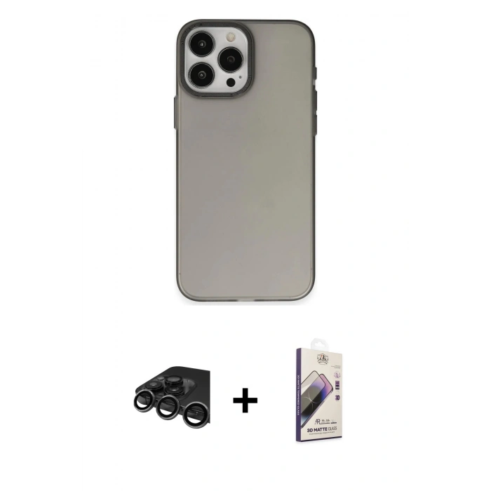 MARSİLYAN™- iPhone 15 Pro Kılıf Ahenk Çizgi Prime - Siyah Bilvis 3D Mat Cam Ekran Koruyucu + Raze Metal Kamera Lens - TMGI