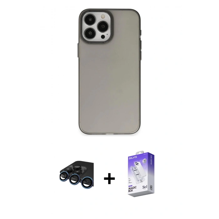 MARSİLYAN™- iPhone 15 Pro Kılıf Ahenk Çizgi Prime - Siyah Bilvis 5in1 3D Magic Cam Ekran Koruyucu + Raze Metal Kamera Lens - LT