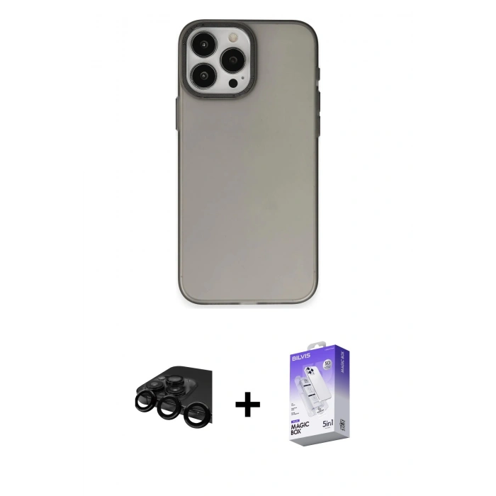 MARSİLYAN™- iPhone 15 Pro Kılıf Ahenk Çizgi Prime - Siyah Bilvis 5in1 3D Magic Cam Ekran Koruyucu + Raze Metal Kamera Lens - SH