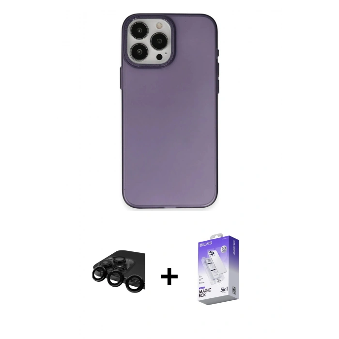MARSİLYAN™- iPhone 15 Pro Kılıf Ahenk Çizgi Prime - Siyah Bilvis 5in1 3D Magic Cam Ekran Koruyucu + Raze Metal Kamera Lens - SH