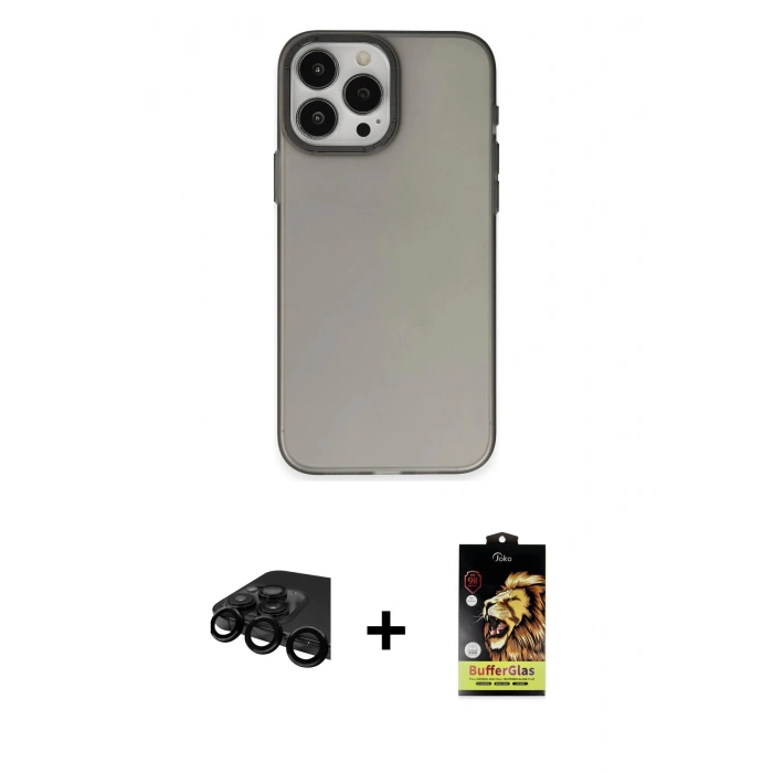 MARSİLYAN™- iPhone 15 Pro Kılıf Ahenk Çizgi Prime - Siyah Buffer Cam Ekran Koruyucu + Raze Metal Kamera Lens - SH