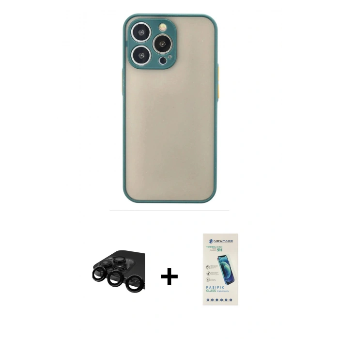 MARSİLYAN™- iPhone 15 Pro Kılıf Ahenk Çizgi Serisi - Şeffaf Pasifik Cam Ekran Koruyucu + Raze Metal Kamera Lens - SH