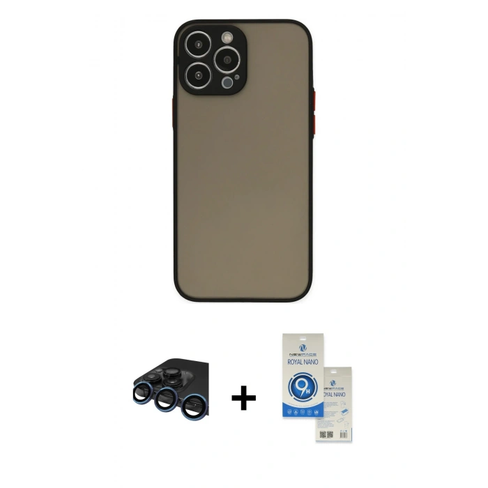 MARSİLYAN™- iPhone 15 Pro Kılıf Ahenk Çizgi Serisi - Şeffaf Royal Nano Ekran Koruyucu + Lacivert Raze Metal Kamera Lens