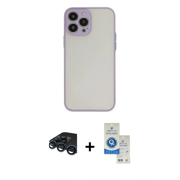 MARSİLYAN™- iPhone 15 Pro Kılıf Ahenk Çizgi Serisi - Şeffaf Royal Nano Ekran Koruyucu + Lacivert Raze Metal Kamera Lens