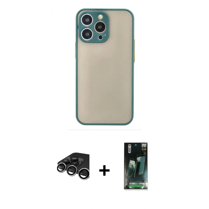 MARSİLYAN™- iPhone 15 Pro Kılıf Ahenk Çizgi Serisi - Siyah 360 Mat Full Body Arka Koruyucu + Raze Metal Kamera Lens - GS