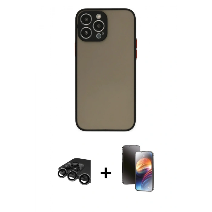 MARSİLYAN™- iPhone 15 Pro Kılıf Ahenk Çizgi Serisi - Siyah 3D Antistatik Mat Seramik Nano Ekran Koruyucu + Raze Metal Kamera Lens - TMGI