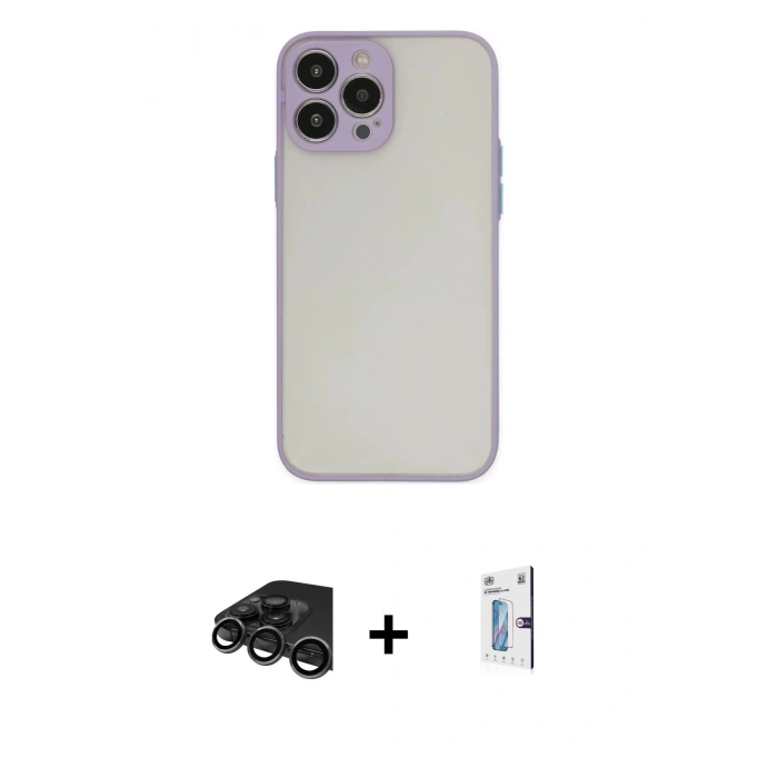 MARSİLYAN™- iPhone 15 Pro Kılıf Ahenk Çizgi Serisi - Siyah Bilvis 0.18mm Plus Cam Ekran Koruyucu + Raze Metal Kamera Lens - TMGI